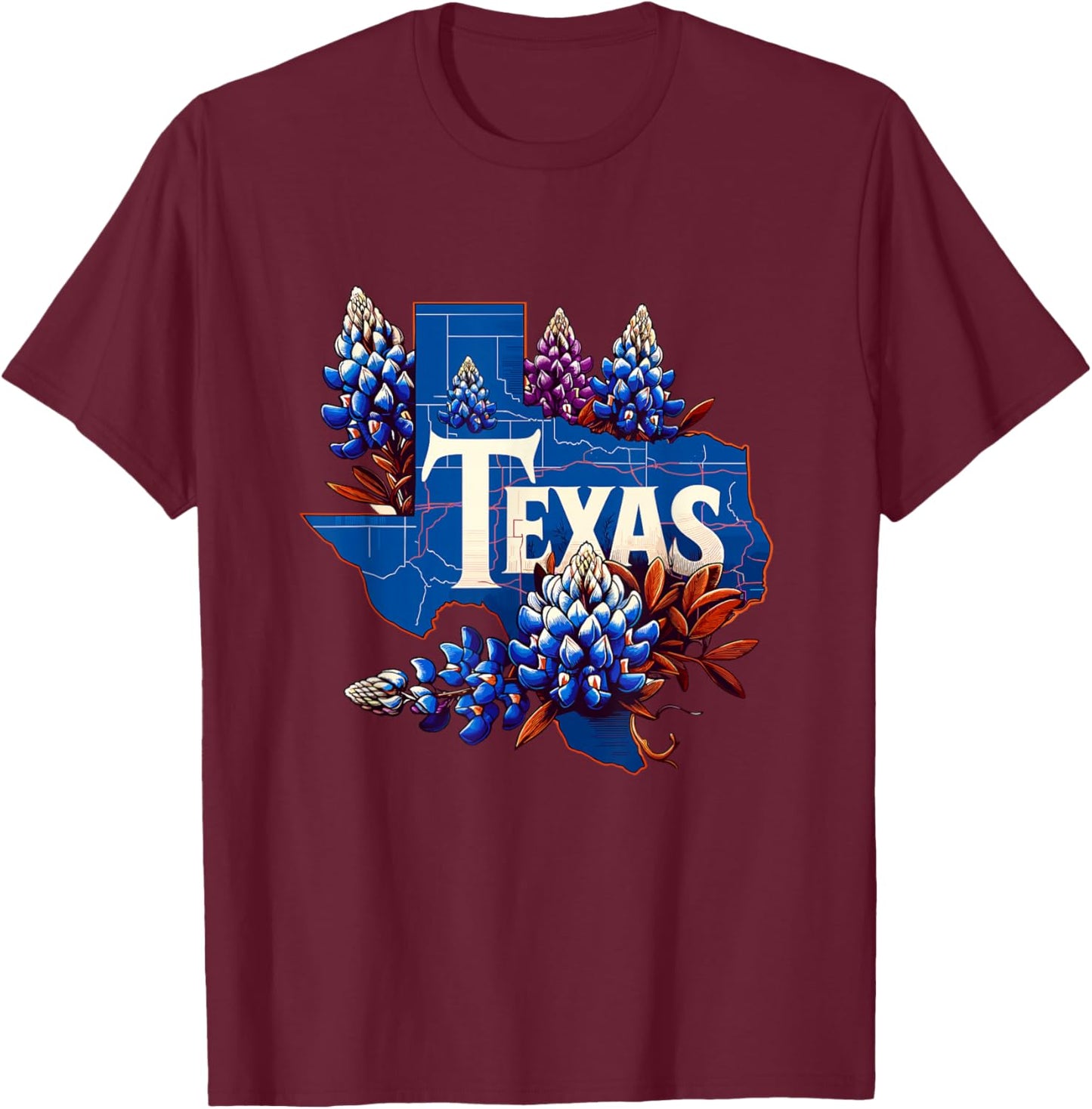 Texas State Outline Bluebonnet State Texas Flower T-Shirt - T-Shirt | Maroon