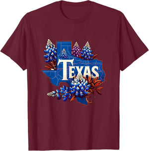 Texas State Outline Bluebonnet State Texas Flower T-Shirt - T-Shirt | Maroon