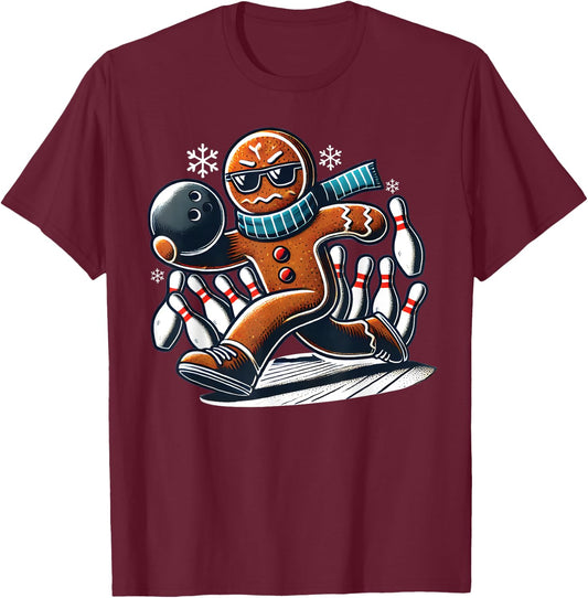 Gingerbread Playing Bowling ball and pins Christmas bowling T-Shirt - T-Shirt | Maroon