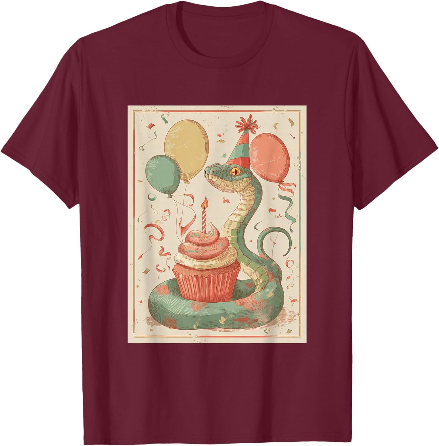 Snake Retro Art Print Birthday Party Balloons & Cupcake T-Shirt - T-Shirt | Maroon