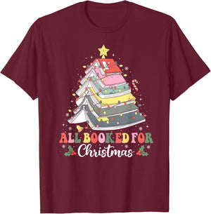 All Booked For Christmas Book Tree Lights Christmas Library T-Shirt - T-Shirt | Maroon
