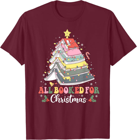 All Booked For Christmas Book Tree Lights Christmas Library T-Shirt - T-Shirt | Maroon