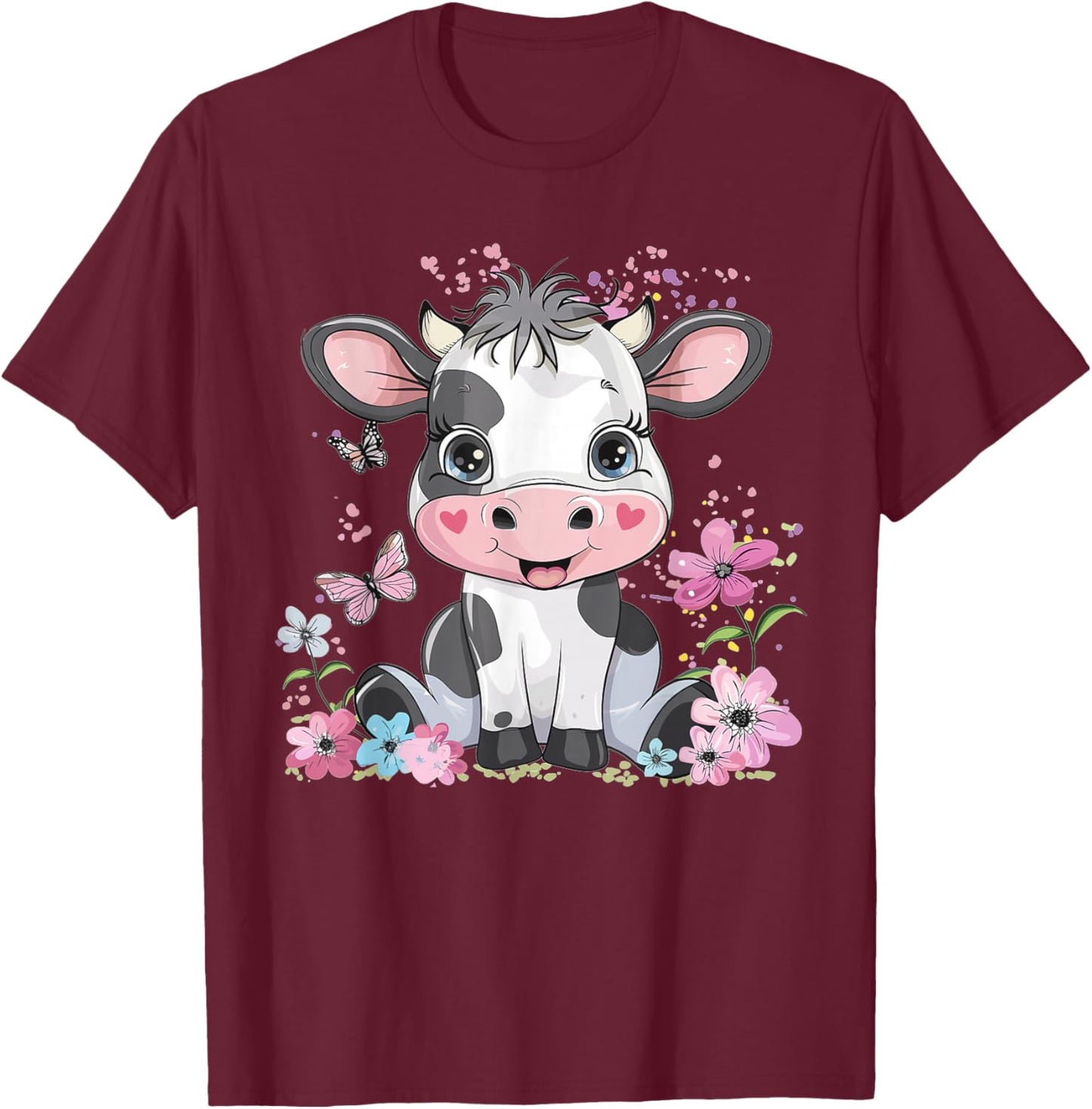 Cute Cow with Flowers I Kids Cow T-Shirt - T-Shirt | Maroon