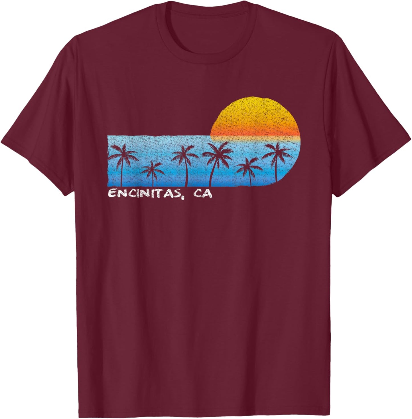 Vintage Encinitas, CA Palm Trees & Sunset Beach Men Women Kids T-Shirt - T-Shirt | Maroon