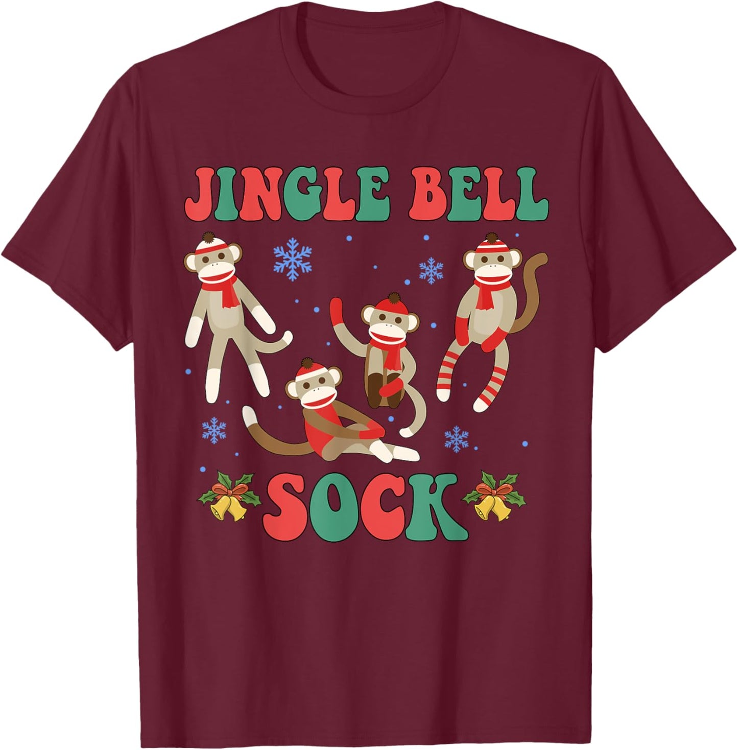 Jingle Bell Sock Funny Sock Monkey Christmas Monkey Lovers T-Shirt - T-Shirt | Maroon
