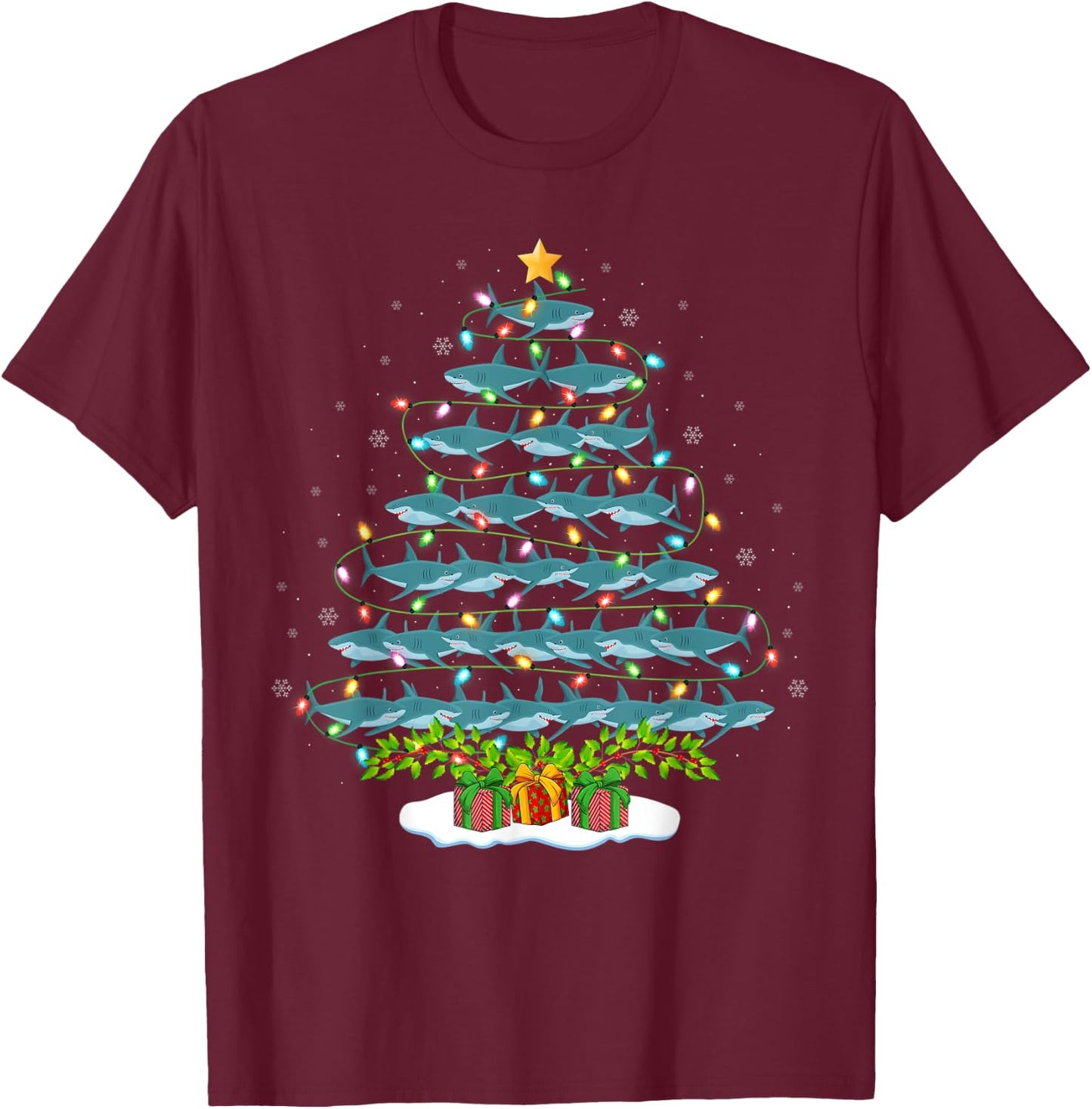 Shark Lover Xmas Holiday Santa Shark Christmas Tree T-Shirt - T-Shirt | Maroon