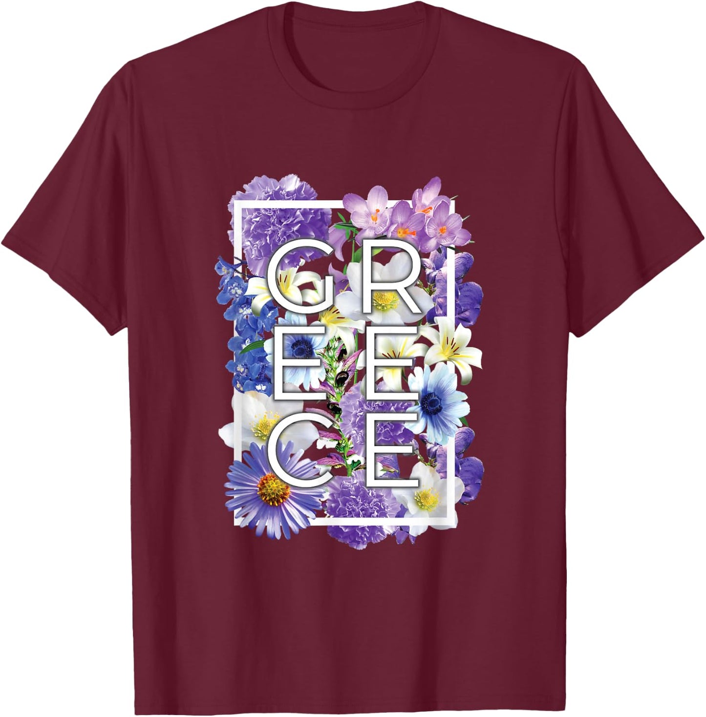 Flowers of Greece Word Art - Greek Pride T-Shirt - T-Shirt | Maroon