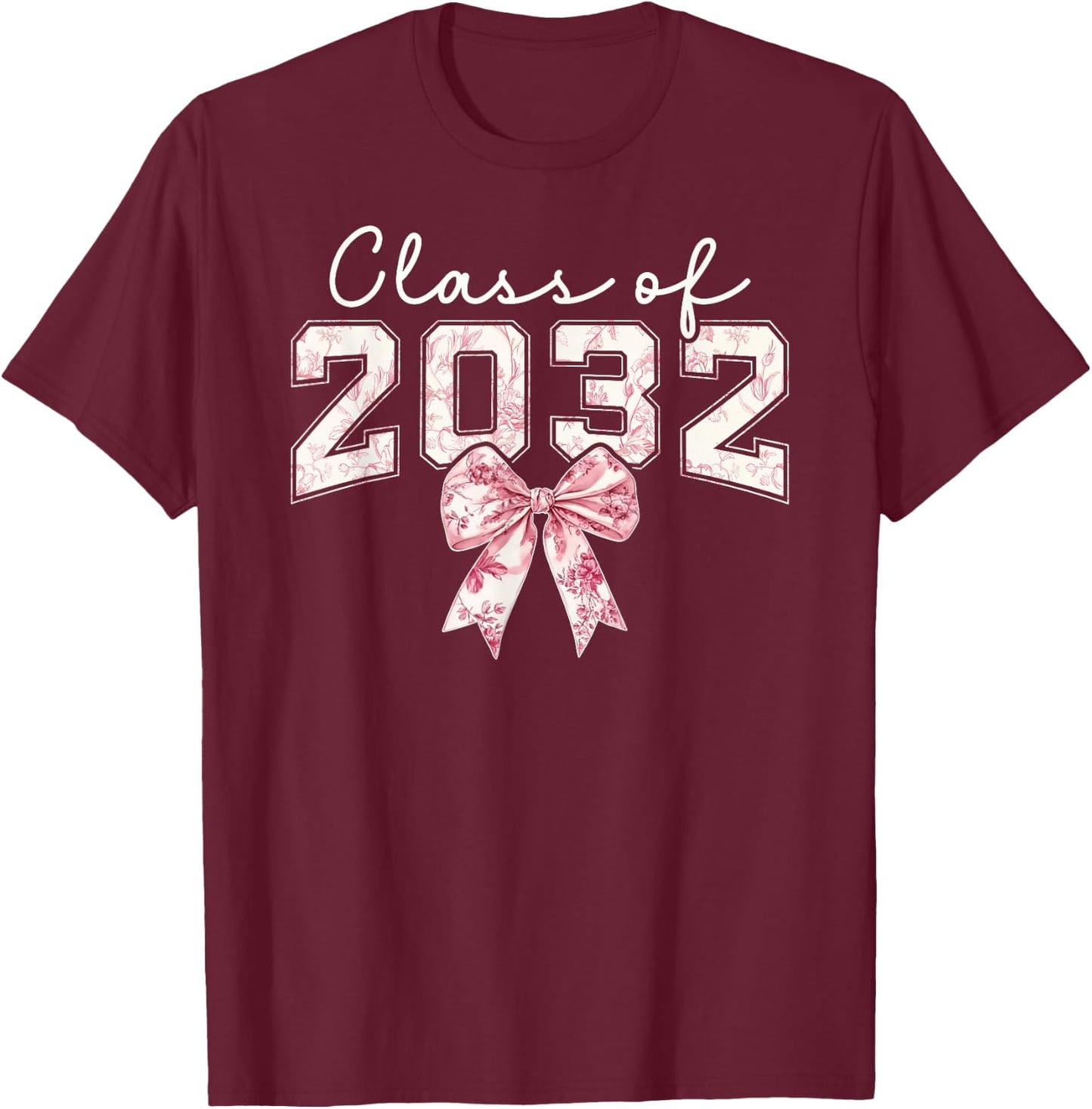 Class of 2032 Coquette Bow Toile Preppy Floral Girl Women 32 T-Shirt - T-Shirt | Maroon