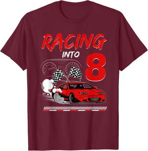Racing into 8 Year Old Birthday Race Car 8th Boy Party T-Shirt - T-Shirt | Maroon