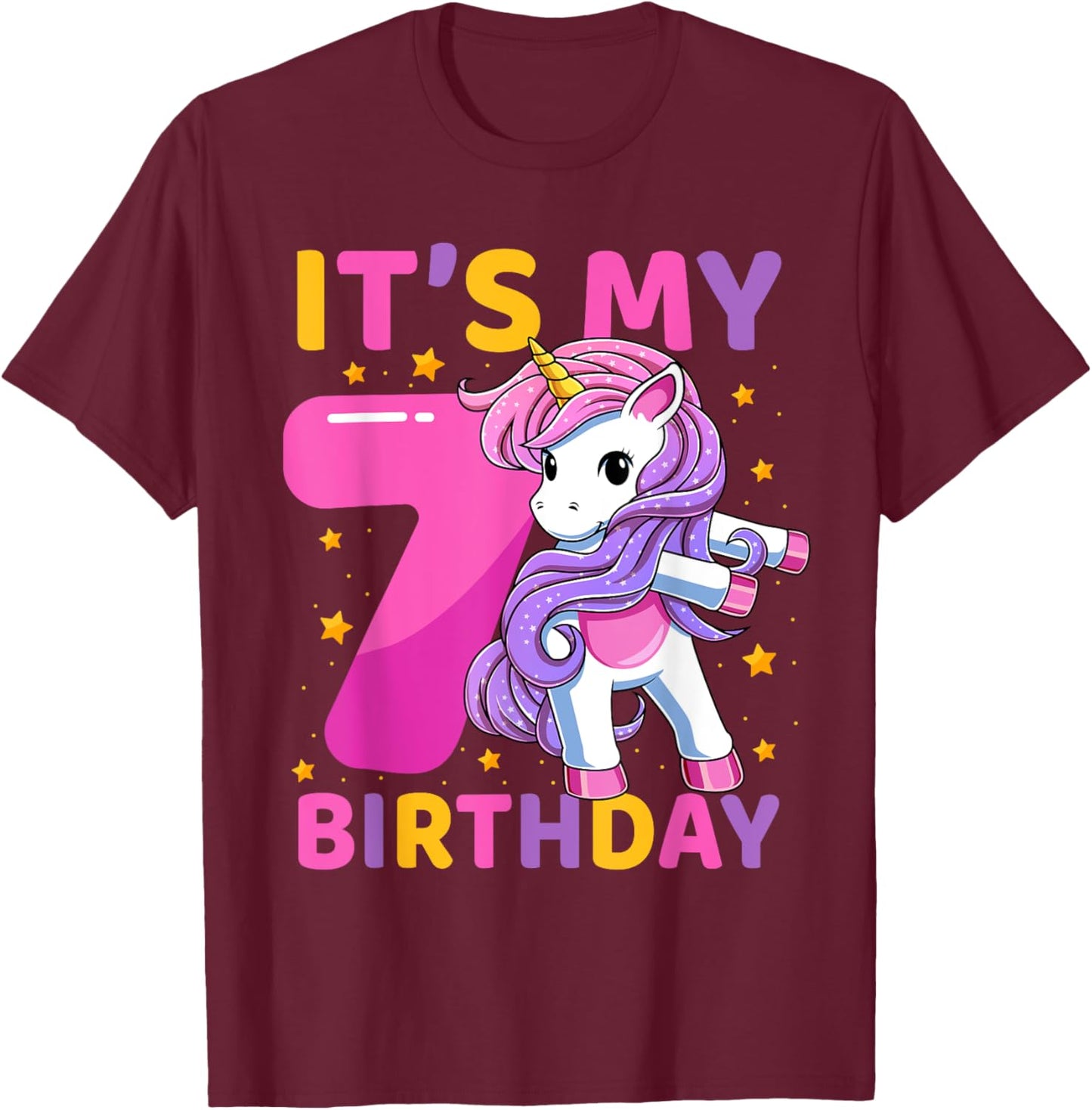 7 Years Old Unicorn Flossing 7th Birthday Party Girls Kids T-Shirt - T-Shirt | Maroon