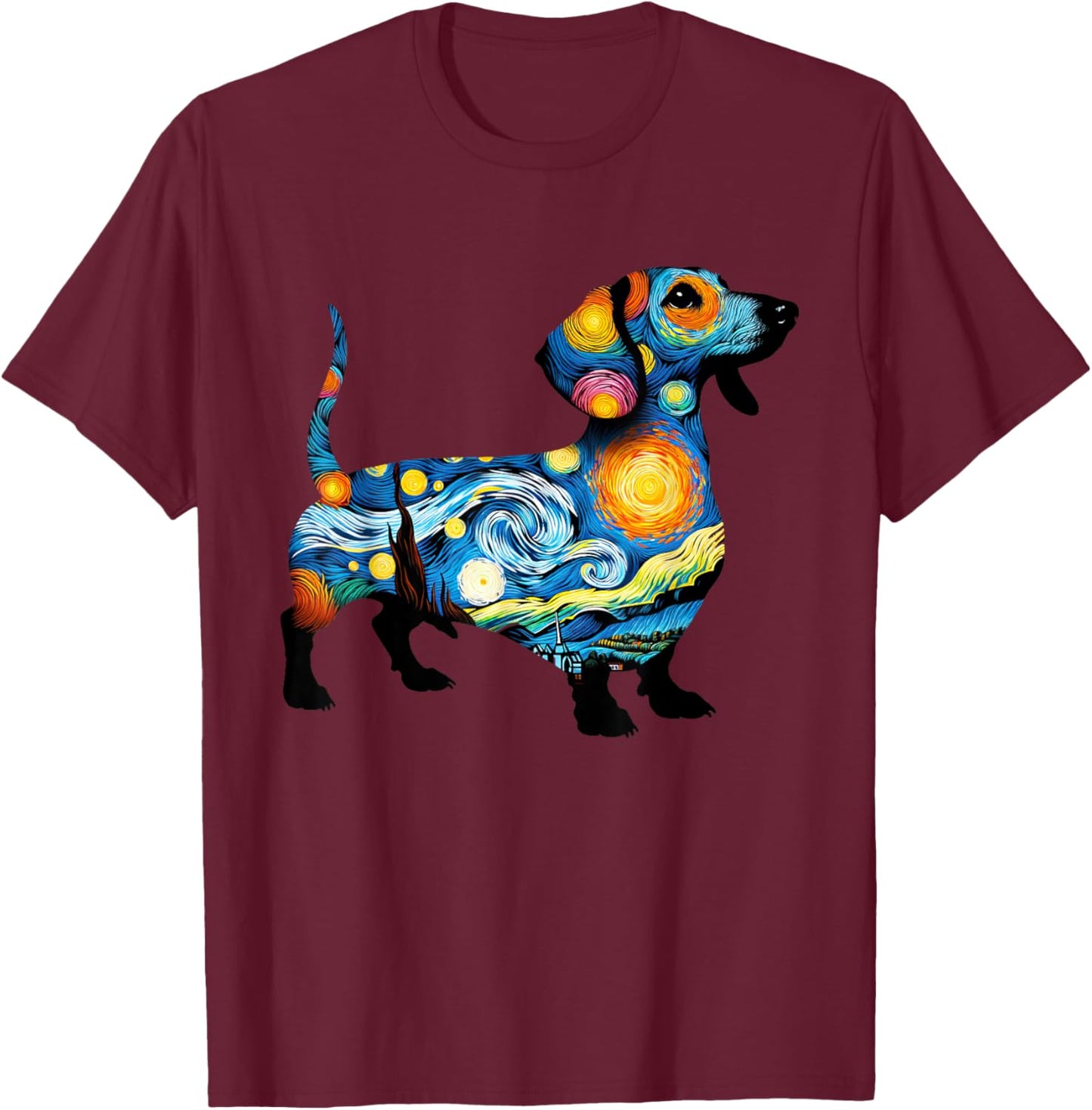 Dachshund Starry Night Painting Van Gogh Dog Dad Dog Mom Men Women Girls Kids T-Shirt - T-Shirt | Maroon