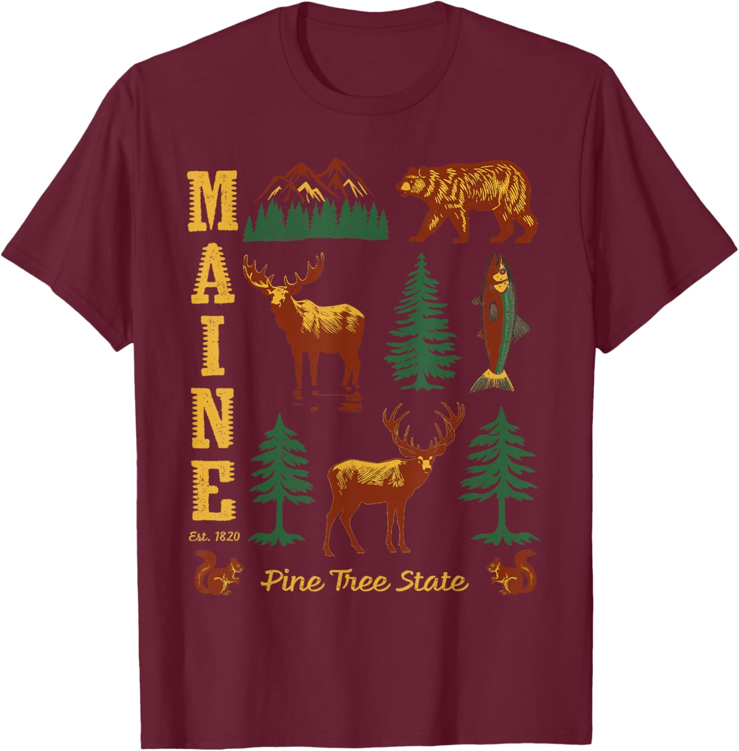 Maine Vintage Style Bear Moose Trees Deer Retro Souvenir T-Shirt - T-Shirt | Maroon