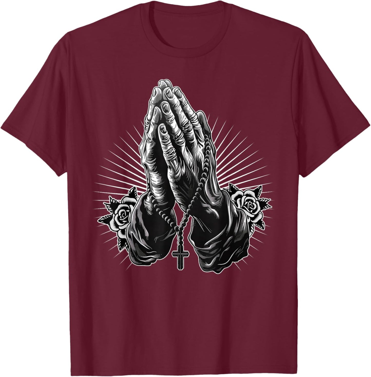 Prayer Hands Catholic Christian Chicano Tattoo Rosary T-Shirt - T-Shirt | Maroon