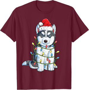 Siberian Husky Santa Christmas Tree Lights Xmas Boys Dog T-Shirt - T-Shirt | Maroon