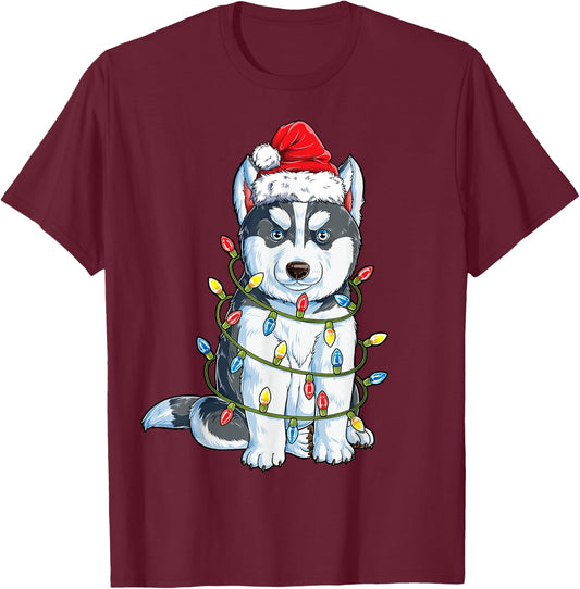 Siberian Husky Santa Christmas Tree Lights Xmas Boys Dog T-Shirt - T-Shirt | Maroon