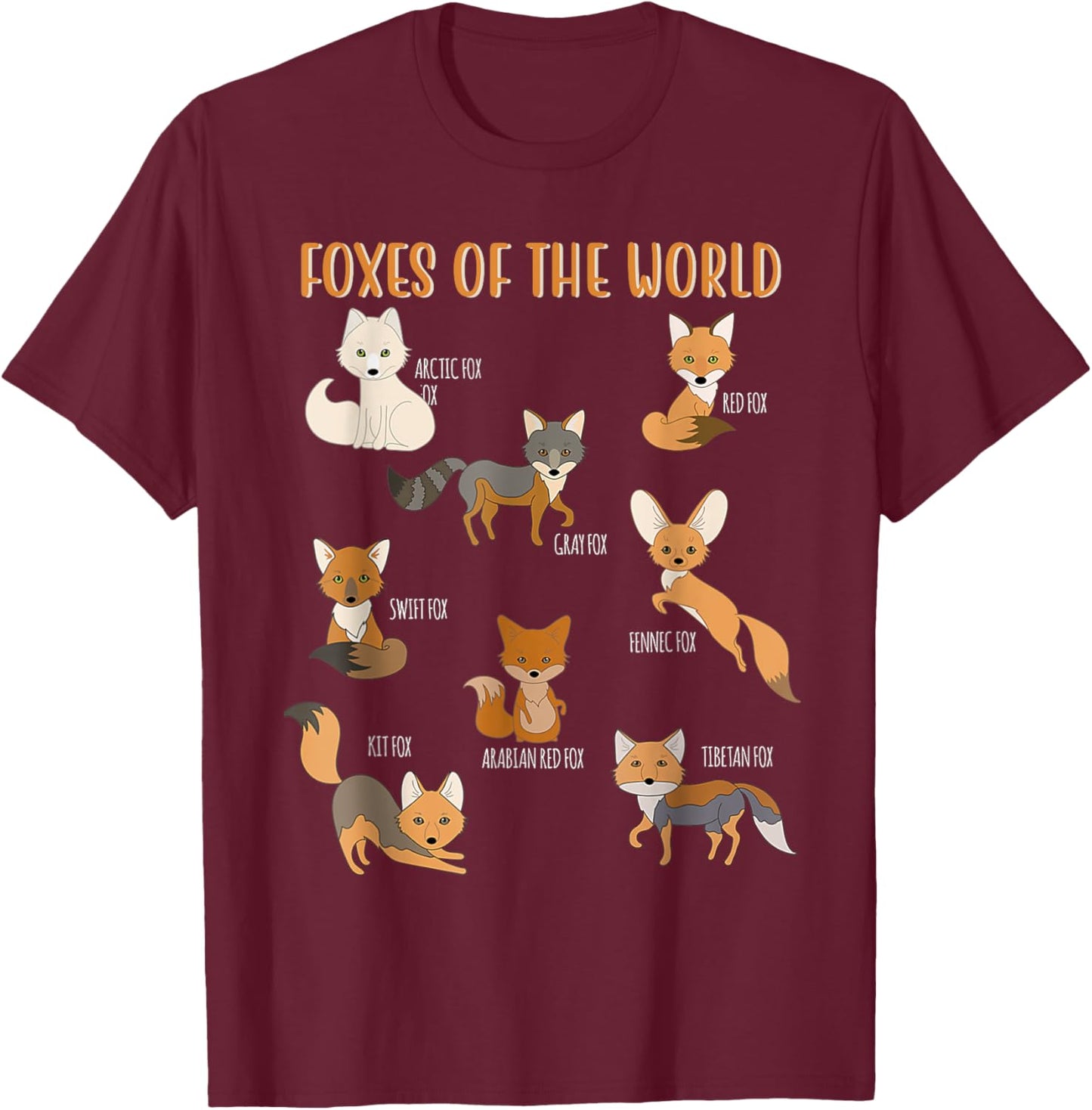 Fox Shirt Kawaii Foxes of the World Fox Animals Lovers Kids T-Shirt - T-Shirt | Maroon
