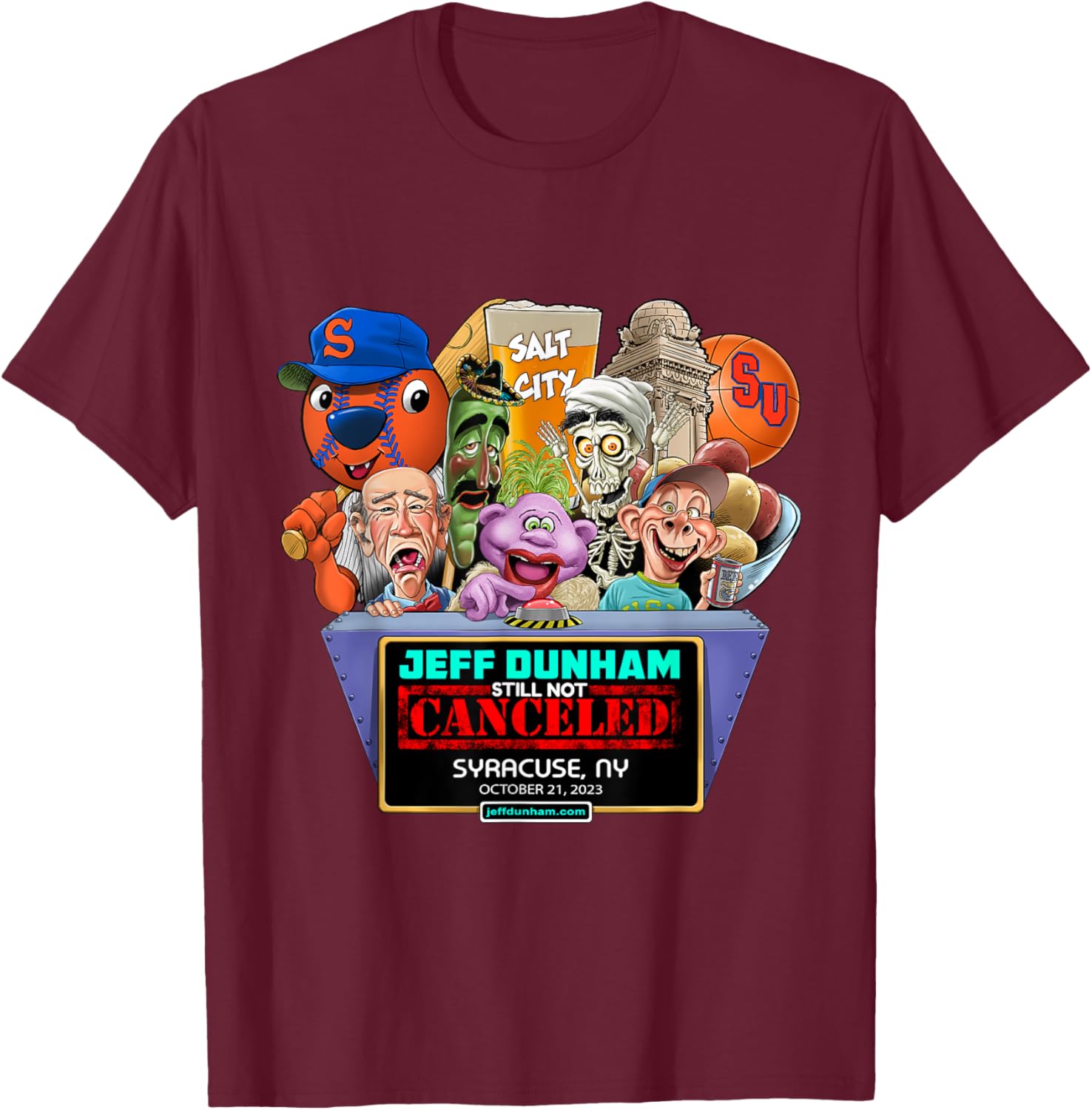 Jeff Dunham Syracuse, NY (2023) T-Shirt - T-Shirt | Maroon