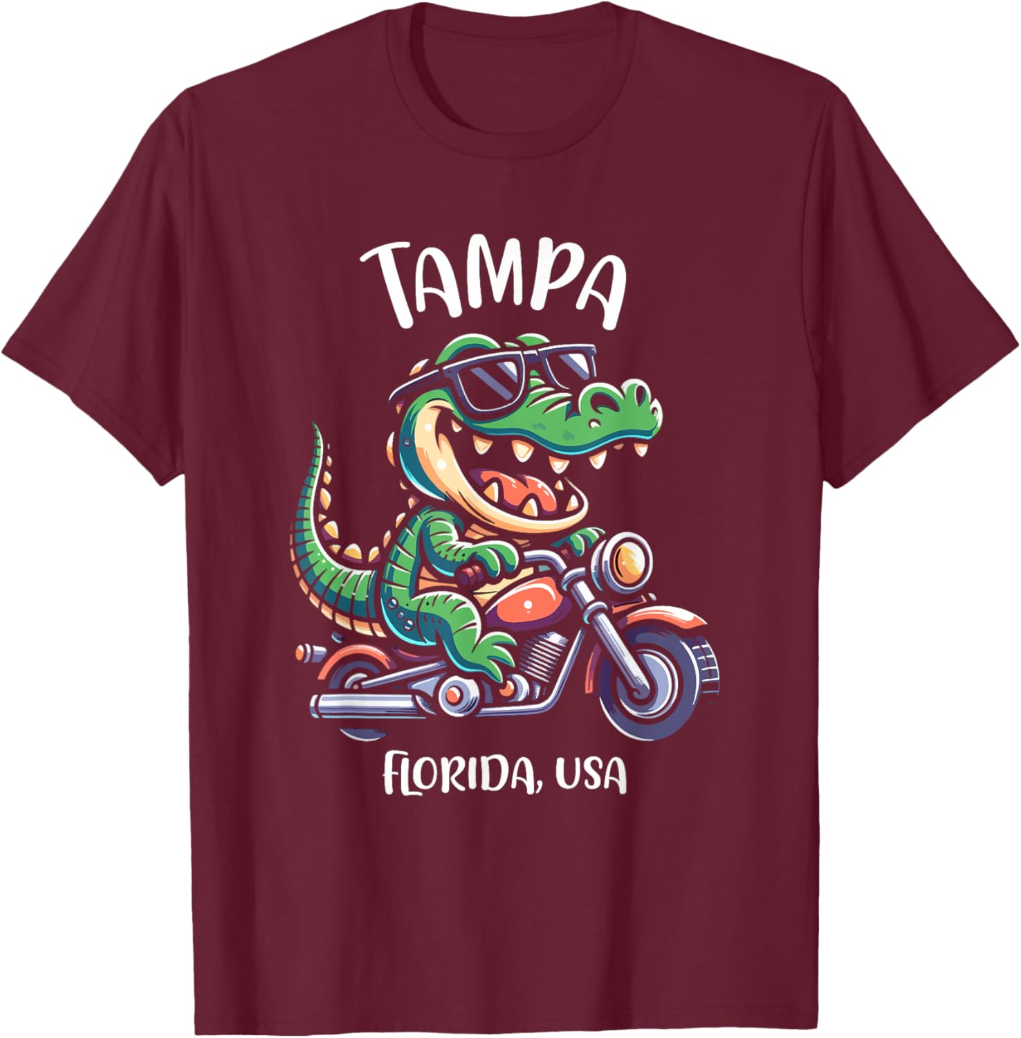 Tampa Florida USA Alligator Motorcycle Cartoon Design T-Shirt - T-Shirt | Maroon