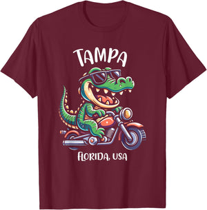 Tampa Florida USA Alligator Motorcycle Cartoon Design T-Shirt - T-Shirt | Maroon