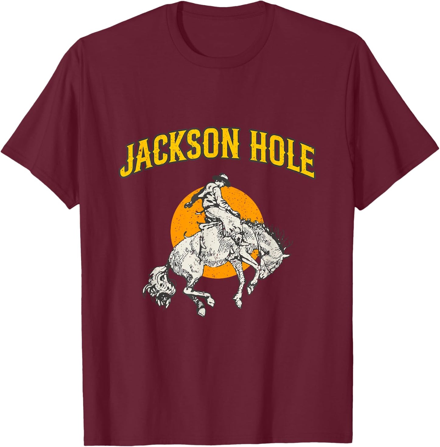 Rodeo Cowboy Riding A Bucking Horse Jackson Hole Wyoming T-Shirt - T-Shirt | Maroon