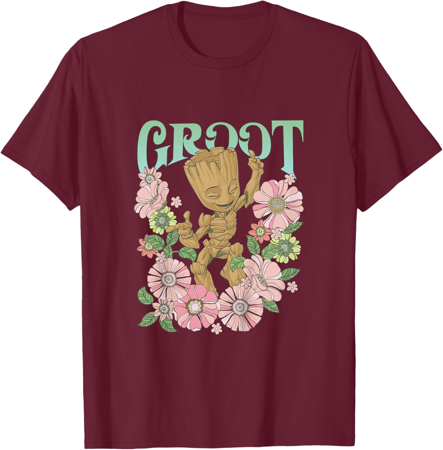 Kids Marvel Guardians of The Galaxy Classic Floral Groovy Groot T-Shirt - T-Shirt | Maroon