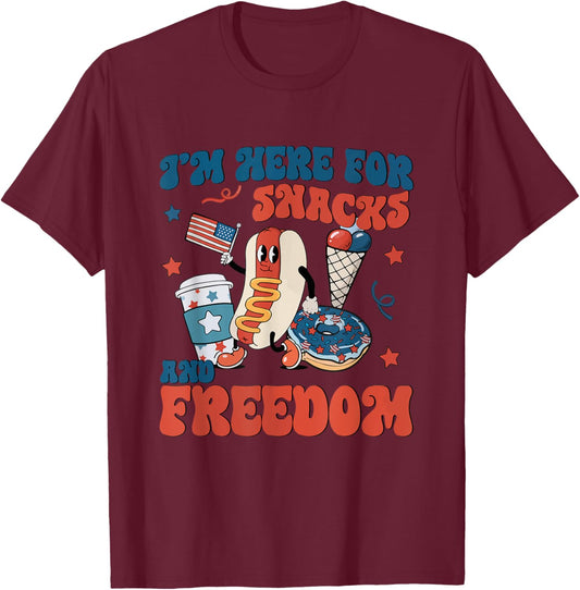 Funny Hot Dog I'm Here For The Snacks and Freedom 4th July Men Women Kids T-Shirt - T-Shirt | Maroon