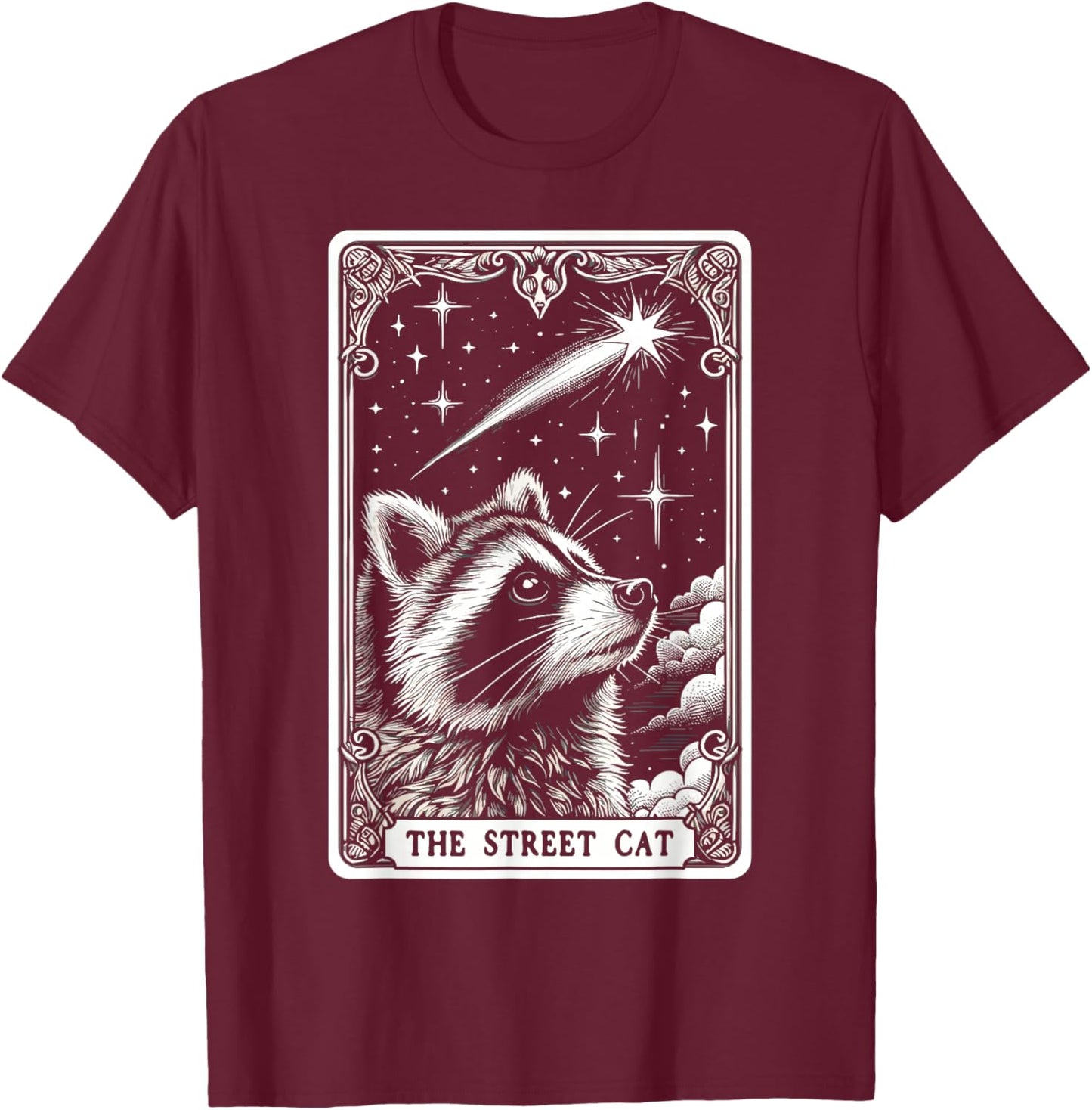 The Street Cat Tarot Card Mystic Raccoon T-Shirt - T-Shirt | Maroon