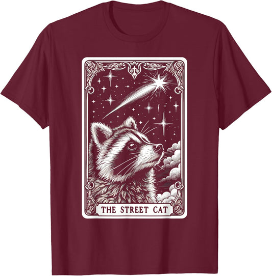 The Street Cat Tarot Card Mystic Raccoon T-Shirt - T-Shirt | Maroon