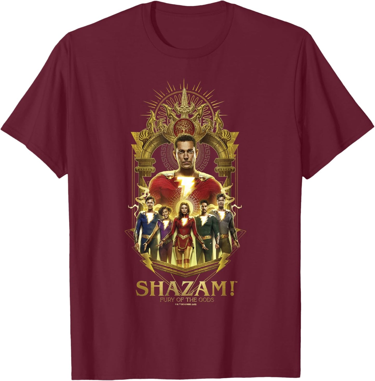 Shazam! Fury of the Gods Gold Champion Arched Family Group T-Shirt - T-Shirt | Maroon