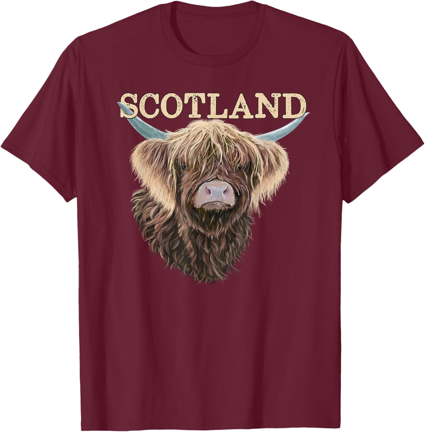 Scottish Highland Cow With Scotland Slogan T-Shirt - T-Shirt | Maroon