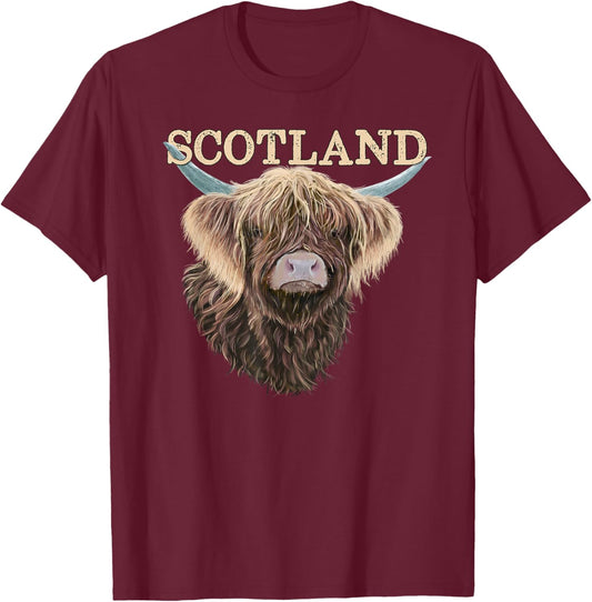 Scottish Highland Cow With Scotland Slogan T-Shirt - T-Shirt | Maroon