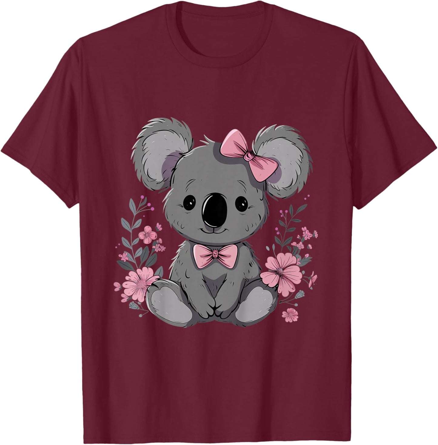 Koala Cute Kawaii Koala Bear Pink Bow Flowers Girls Kids T-Shirt - T-Shirt | Maroon
