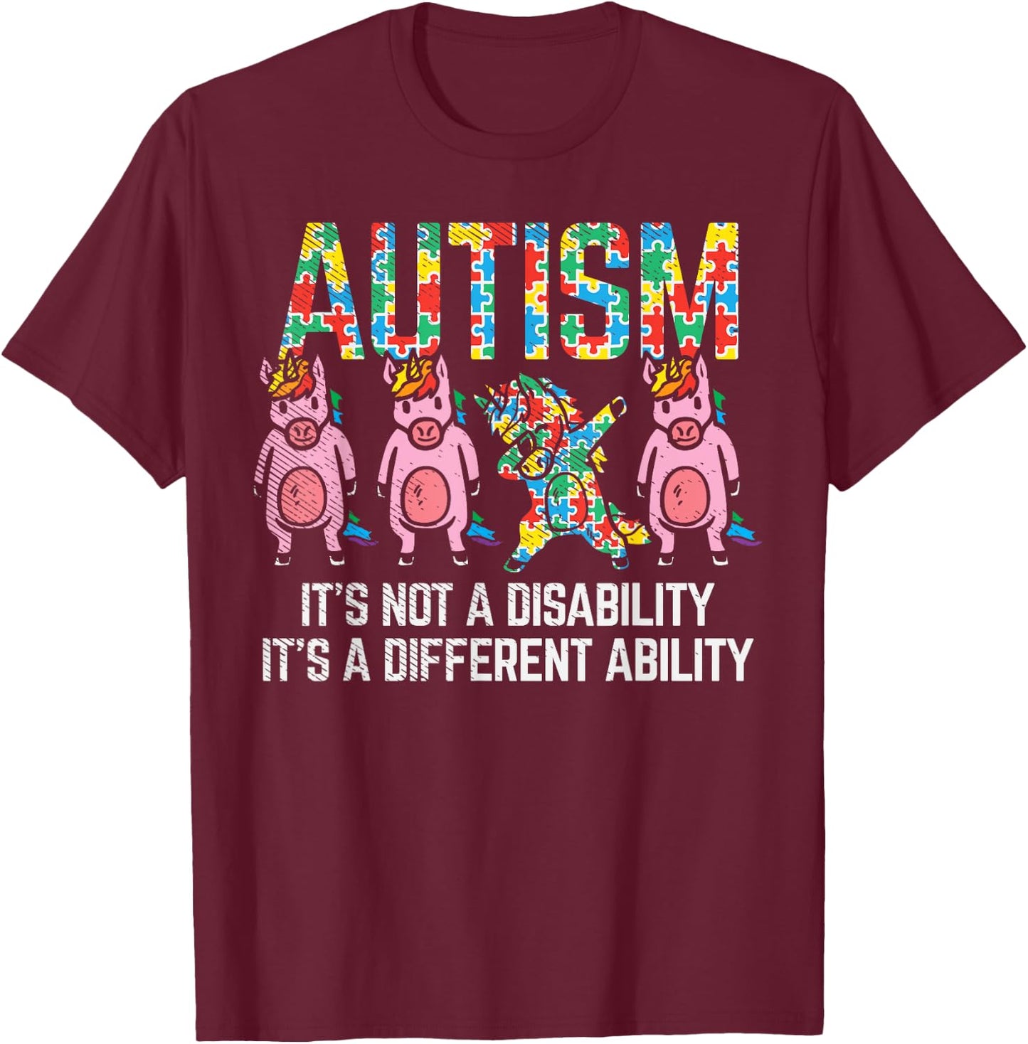 BoredKoalas Autism Awareness Unicorn Dab - -Adults, Black, Short Sleeve, Classic Fit, Cotton Blend, Small T-Shirt - T-Shirt | Maroon