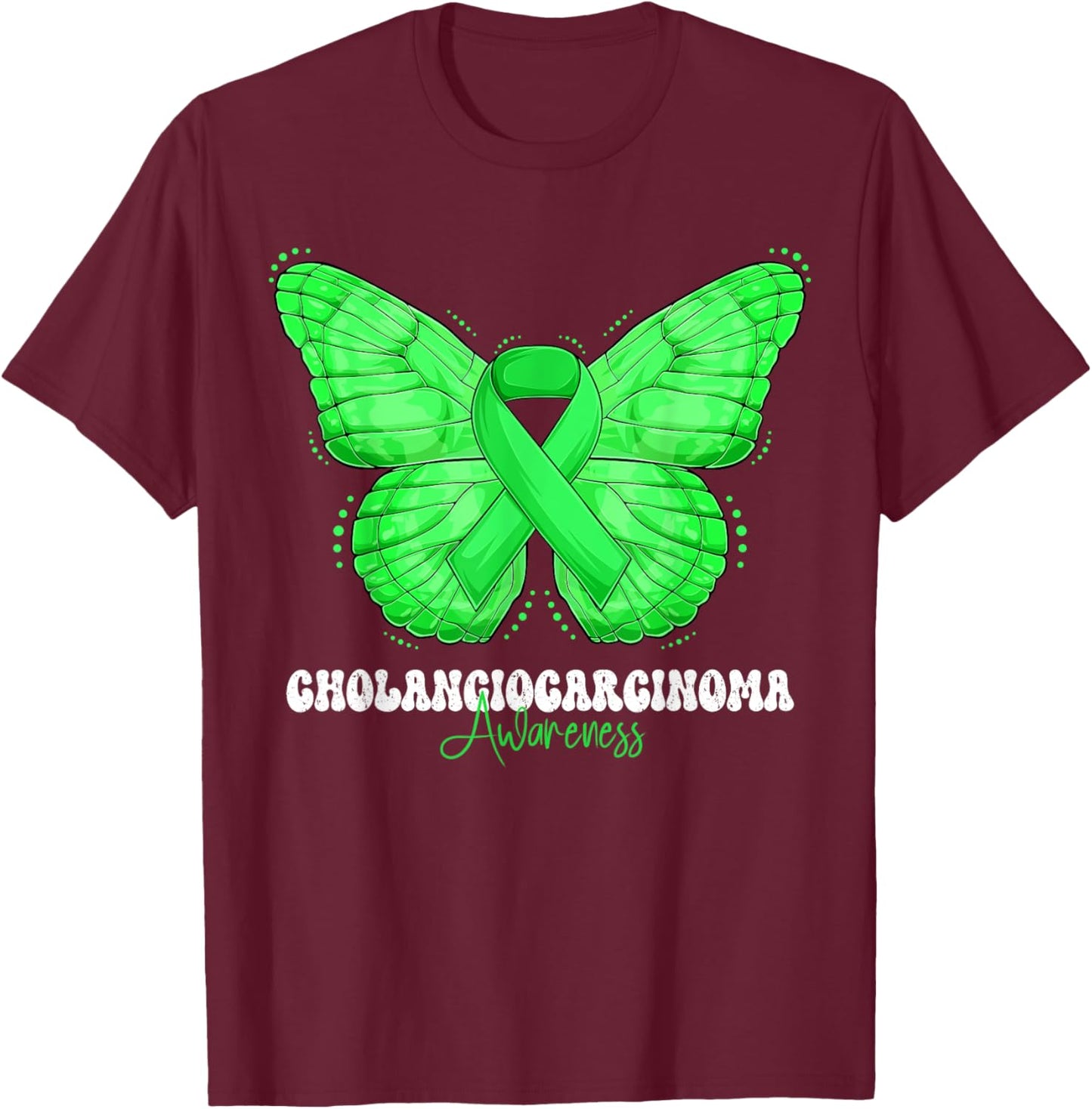 Cholangiocarcinoma Awareness Month Green Ribbon Butterfly T-Shirt - T-Shirt | Maroon