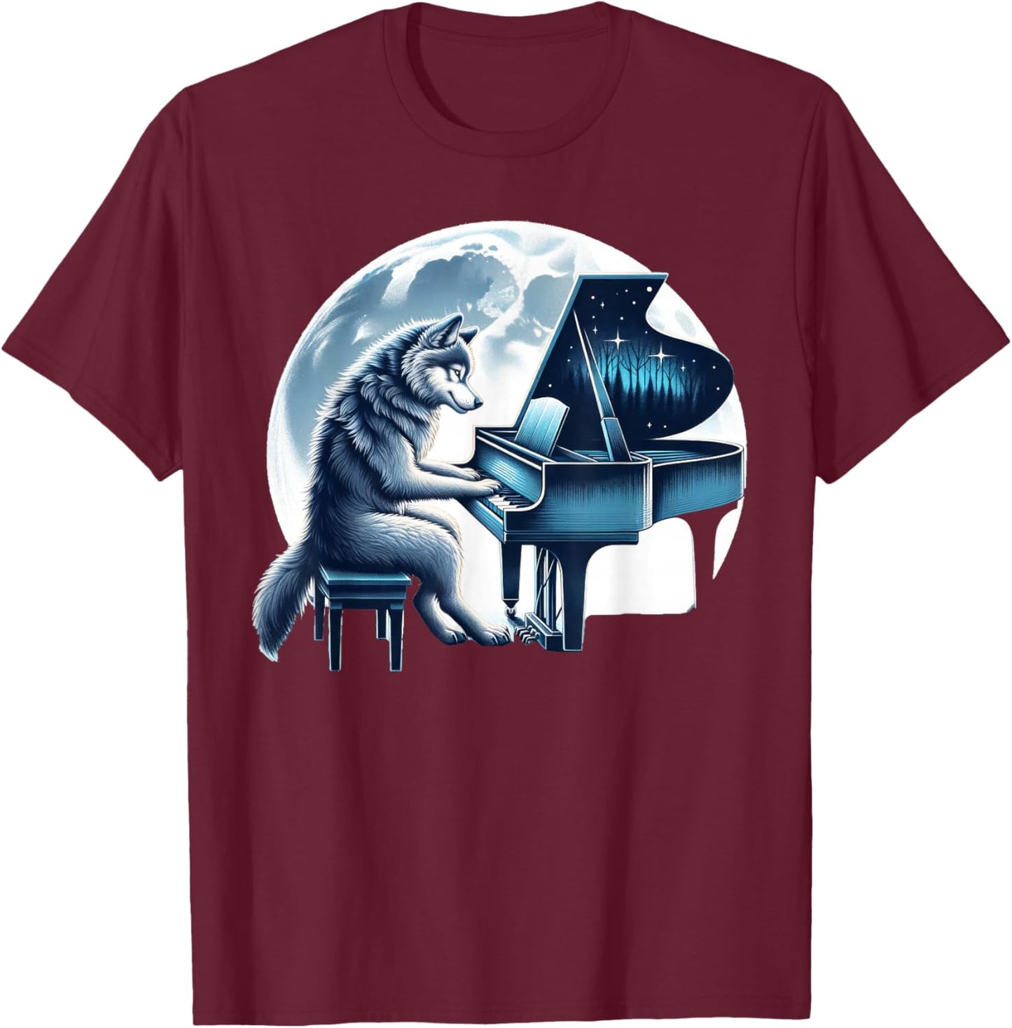 Cute Wolf Playing Piano Wolves Musician Music T-Shirt - T-Shirt | Maroon