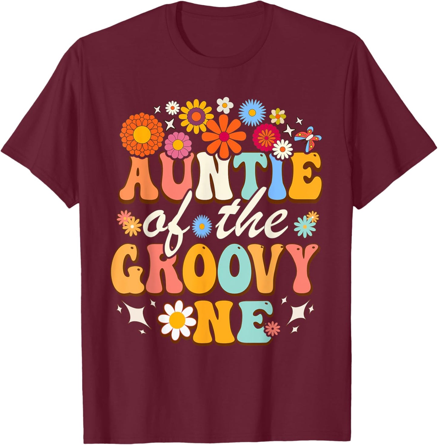Auntie of Groovy One Matching Family First Birthday Party T-Shirt - T-Shirt | Maroon