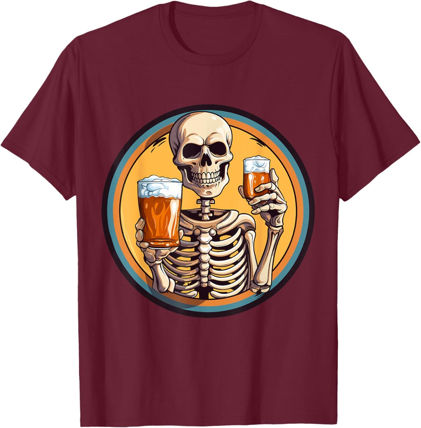 Halloween Skeleton Drinking Beer T-Shirt - T-Shirt | Maroon