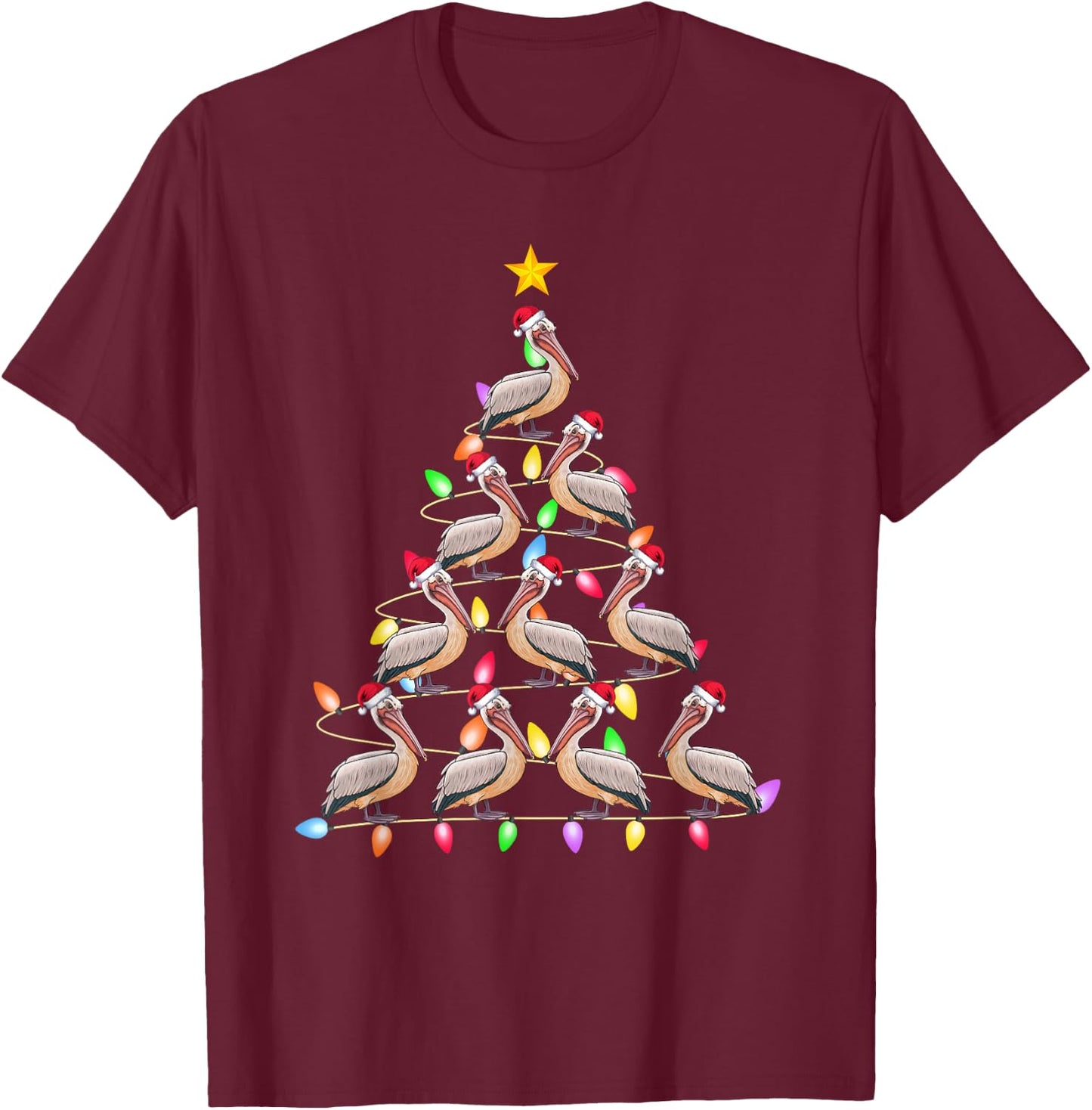 Christmas Tree Lights Men Women Santa Pelican Xmas PJs T-Shirt - T-Shirt | Maroon