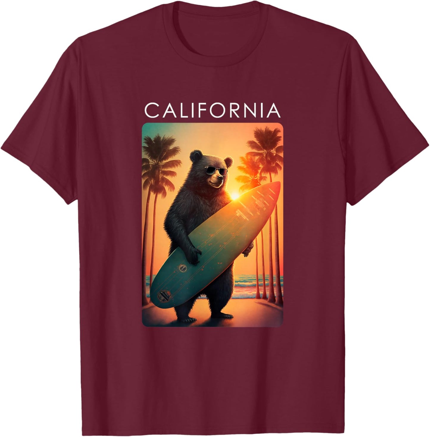 California Shirt Cool Republic Bear Surfing Beach California T-Shirt - T-Shirt | Maroon