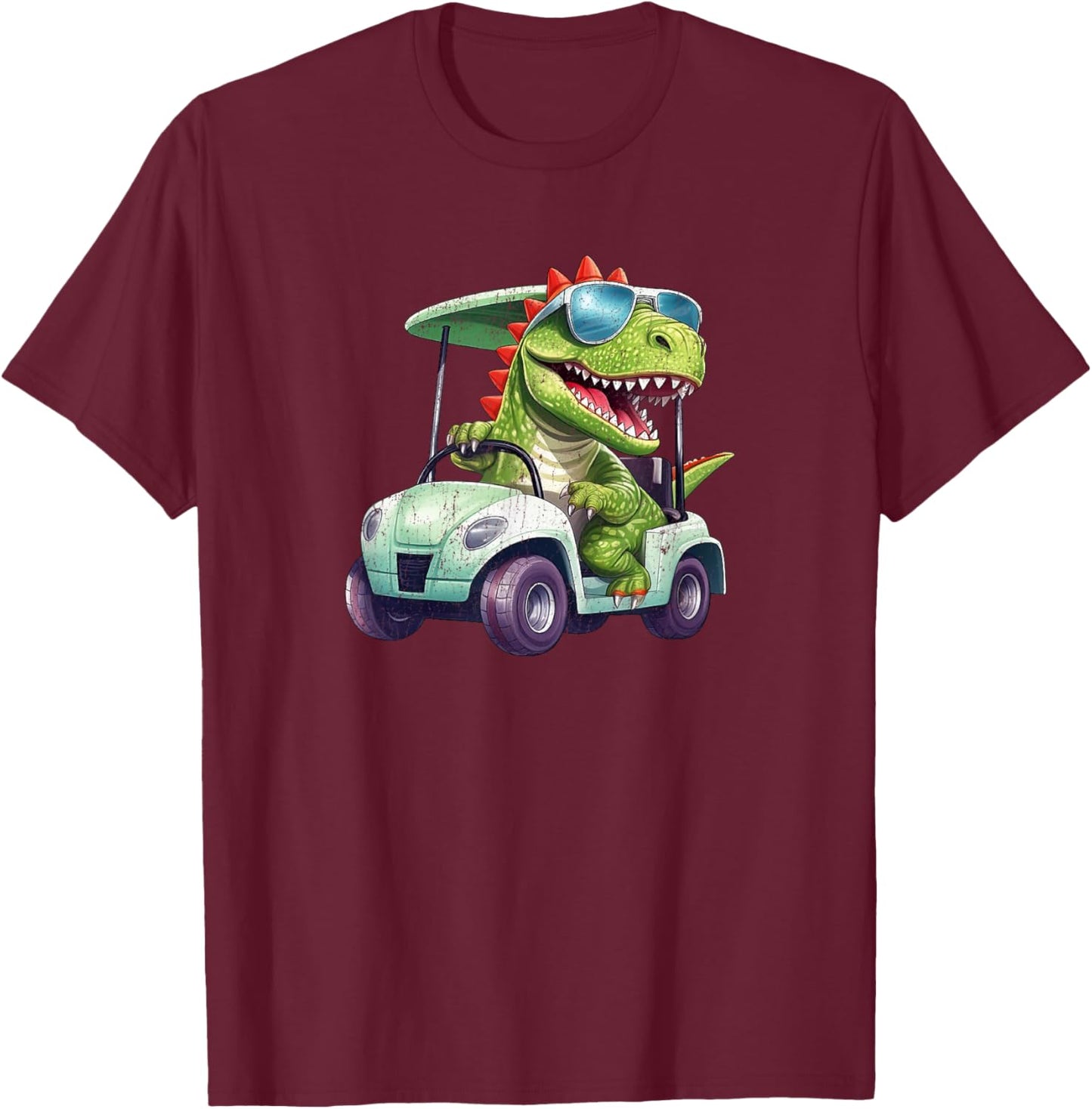 Vintage T-Rex Tyrannosaurus Dinosaur in a Golf Cart Funny T-Shirt - T-Shirt | Maroon