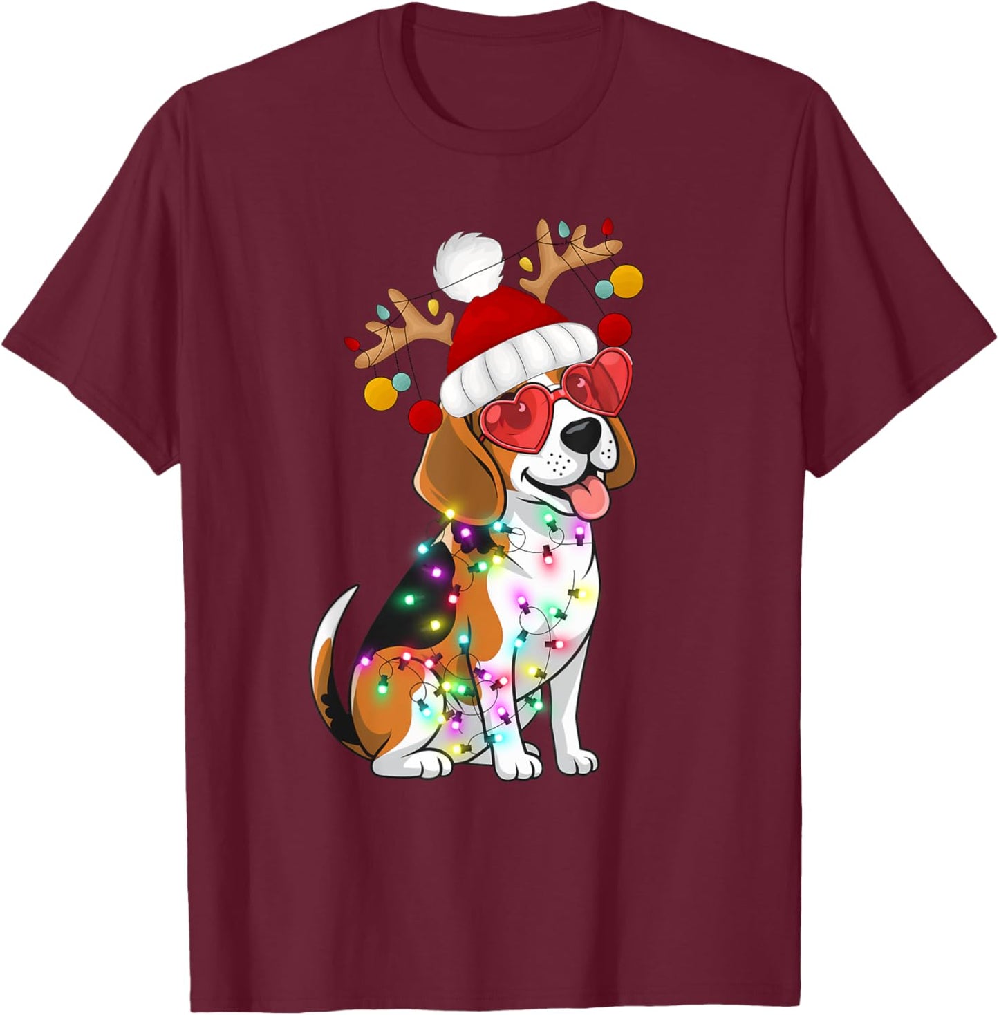 Beagle Dog Christmas Lights Santa Holiday Design T-Shirt - T-Shirt | Maroon