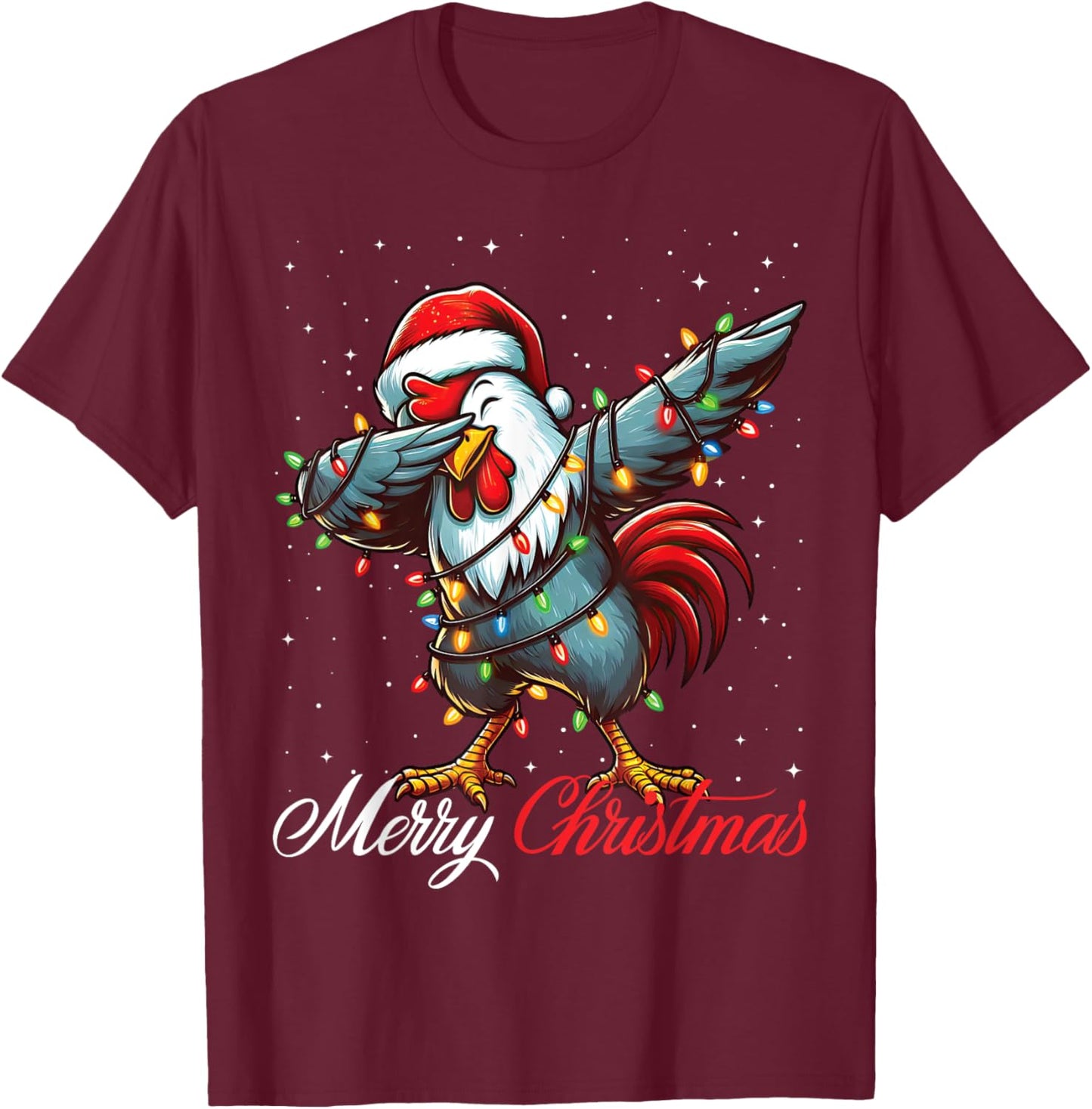 Dabbing Rooster Merry Christmas Lights Santa Hat Xmas Snow T-Shirt - T-Shirt | Maroon