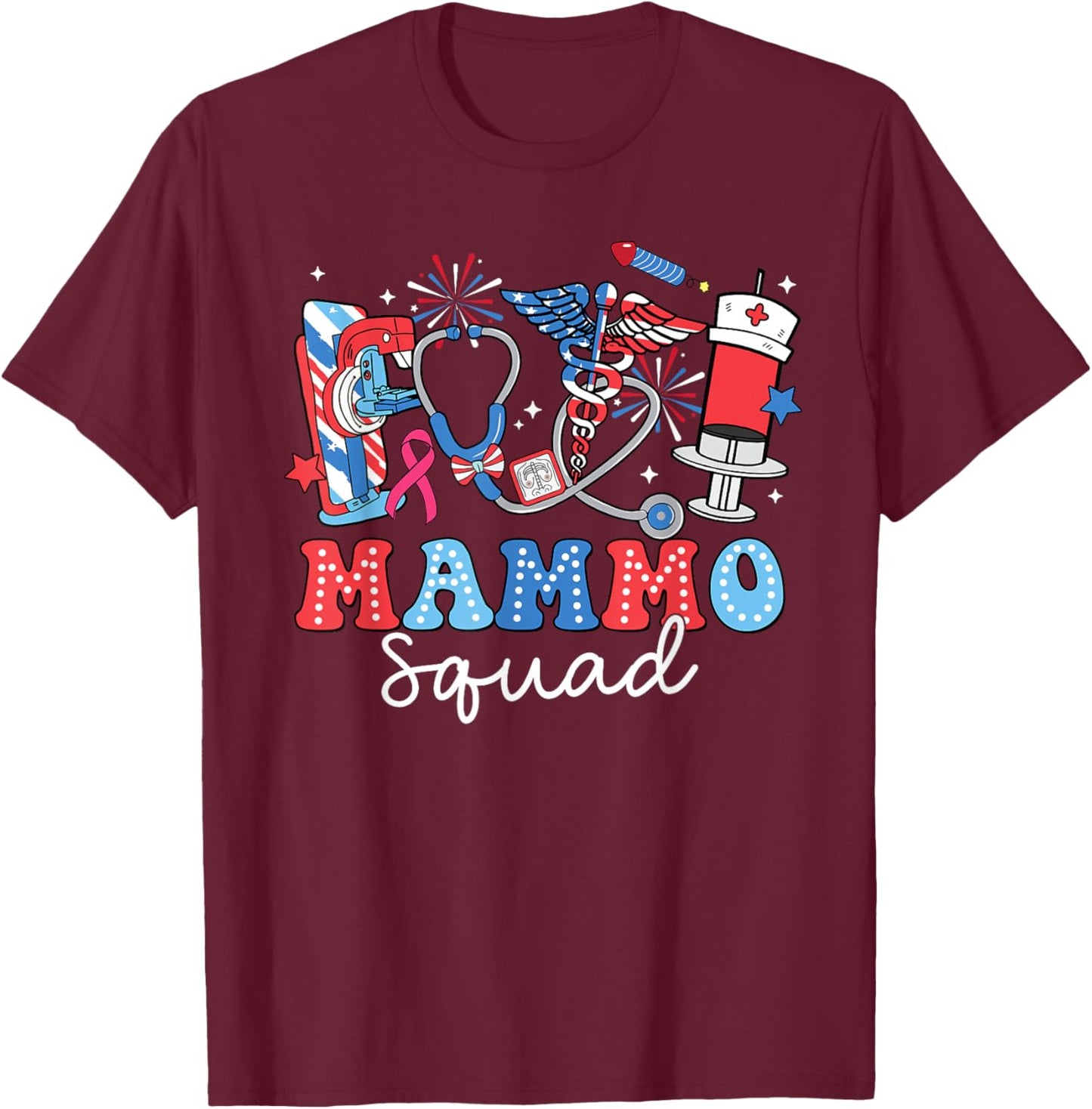 Groovy Mammo Squad Mammo Tech USA Flag Fireworks 4th Of July Women Men T-Shirt - T-Shirt | Maroon