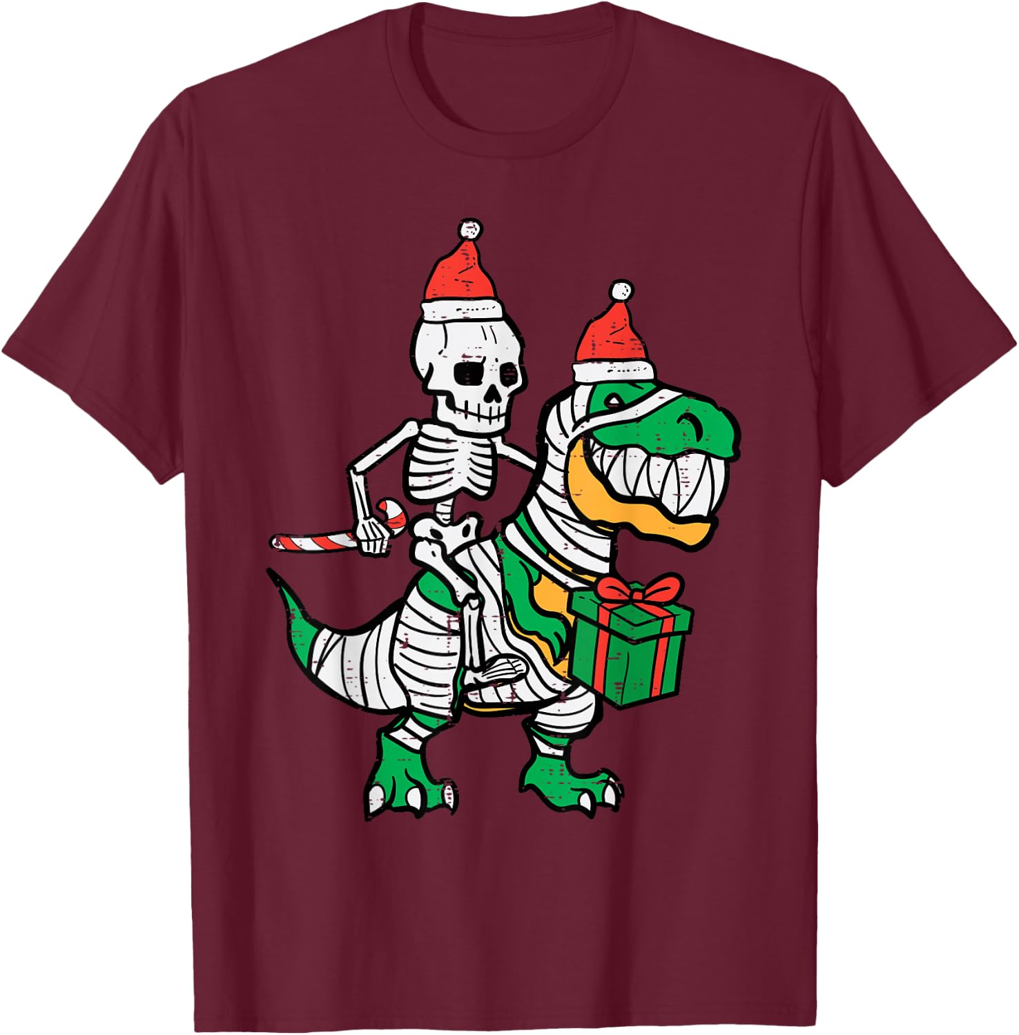 Christmas Skeleton On Trex Santa Xmas Dino Boys Kids Toddler T-Shirt - T-Shirt | Maroon