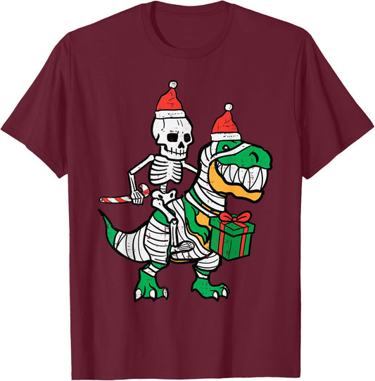 Christmas Skeleton On Trex Santa Xmas Dino Boys Kids Toddler T-Shirt - T-Shirt | Maroon