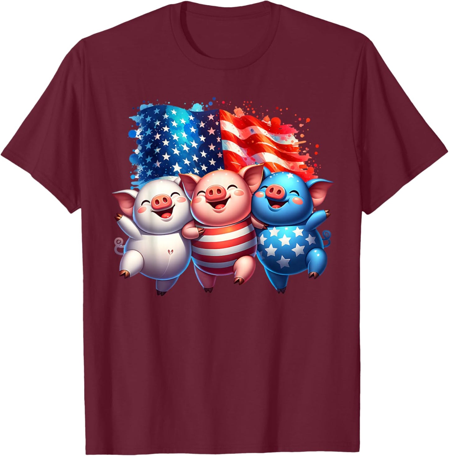 4th of July Funny Patriotic Pigs USA Flag Red White Blue T-Shirt - T-Shirt | Maroon