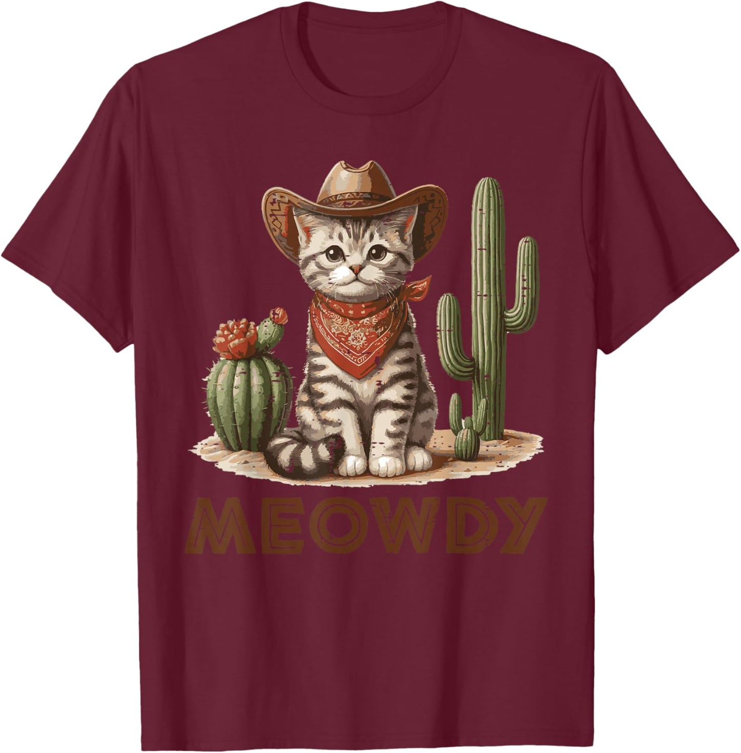 Cat Cowboy Hat Cactus Meowdy Cute Kitten Kitty Women Men Kid T-Shirt - T-Shirt | Maroon