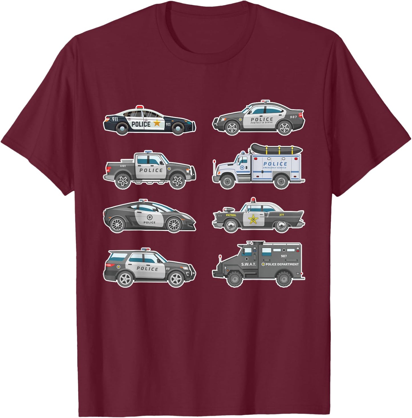 Police Cars Police Vehicles Kids Boys Toddler Cop Car Girls T-Shirt - T-Shirt | Maroon