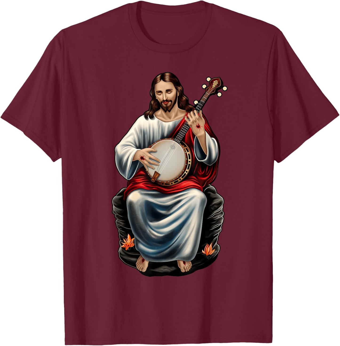 Jesus Christian Religious Playing Banjo Bluegrass T-Shirt - T-Shirt | Maroon