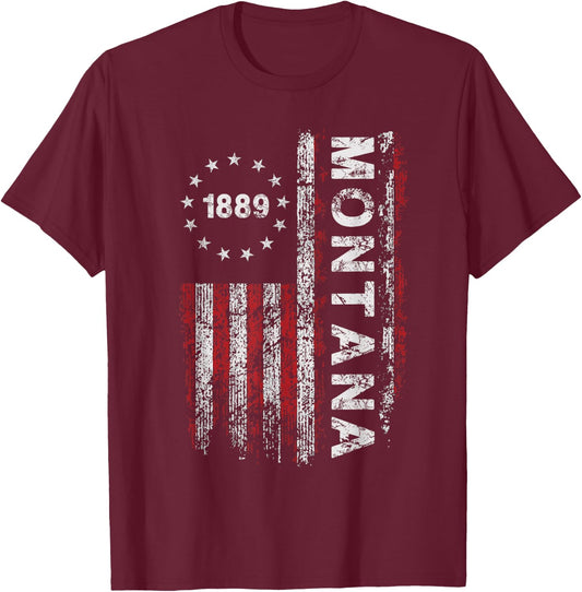 Montana State US Flag Vintage Women Youth T-Shirt - T-Shirt | Maroon